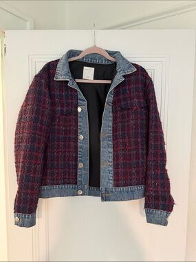 Sandro Tweed & Denim Mix Jacket — Burgundy Plaid